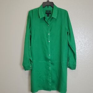 Tahari 100% Linen Button-Up Collared  Tunic Shirt Dress Large Kelly Green